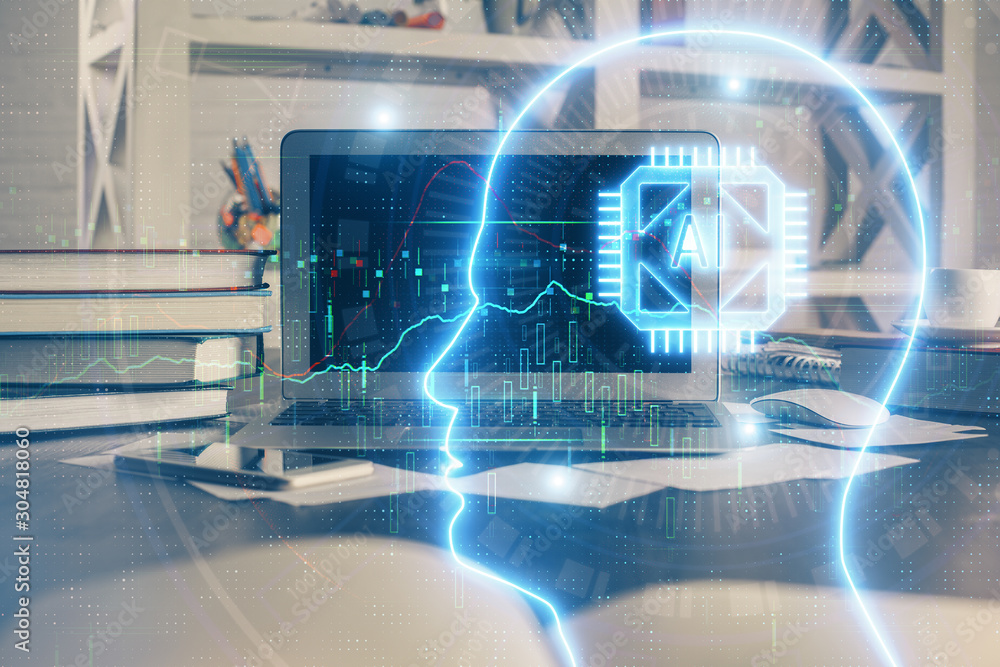 Double exposure of work table with computer and brain sketch hologram. Brainstorming concept. Double exposure of work table with computer and brain sketch hologram. Brainstorming concept.