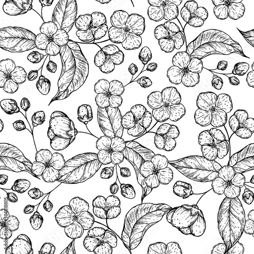 Jasmine seamless pattern. Floral illustration. Hand drawn vector illustration. Design template. Sketch style.