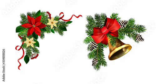 Christmas decorations with fir tree golden jingle bells
