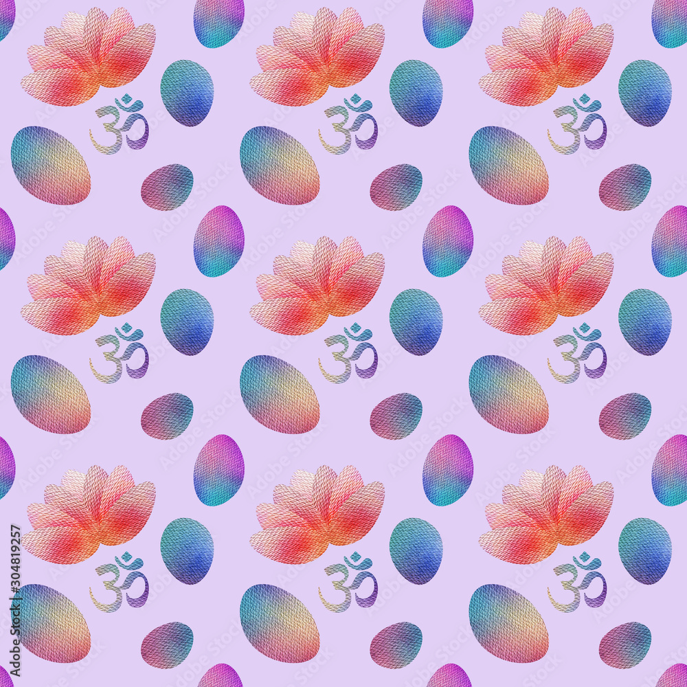 seamless pattern with watercolor lotus flowers and aum symbol on purple bacground