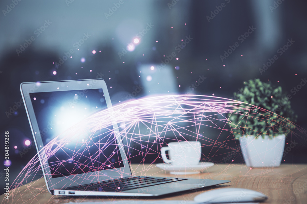 Computer on desktop with social network theme icon. Multi exposure. Concept of international connections.