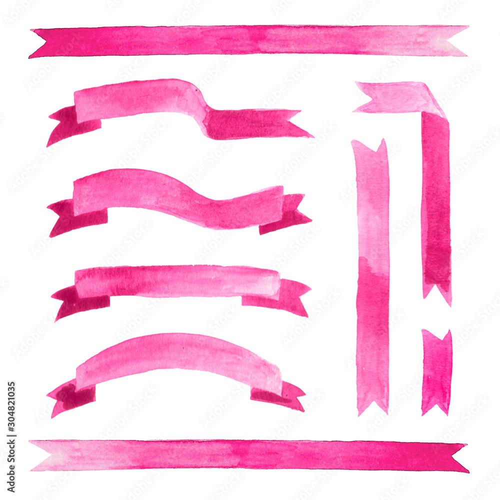 Watercolor illustrated pink ribbon set for wedding celebration invitation card