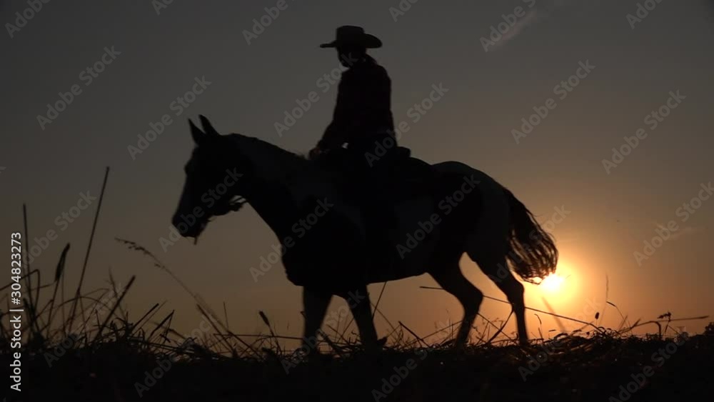 Slow motion shot of a rider cowgirl on a horse at sunset 3 Slow motion shot of a rider cowgirl on a horse at sunset 3