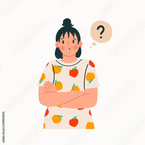 Cute girl in trendy clothing reveals emotion of confusion. Mood expression. Modern fashion look. Hand drawn vector trendy illustration. Flat design. Cartoon style. Isolated on a white background