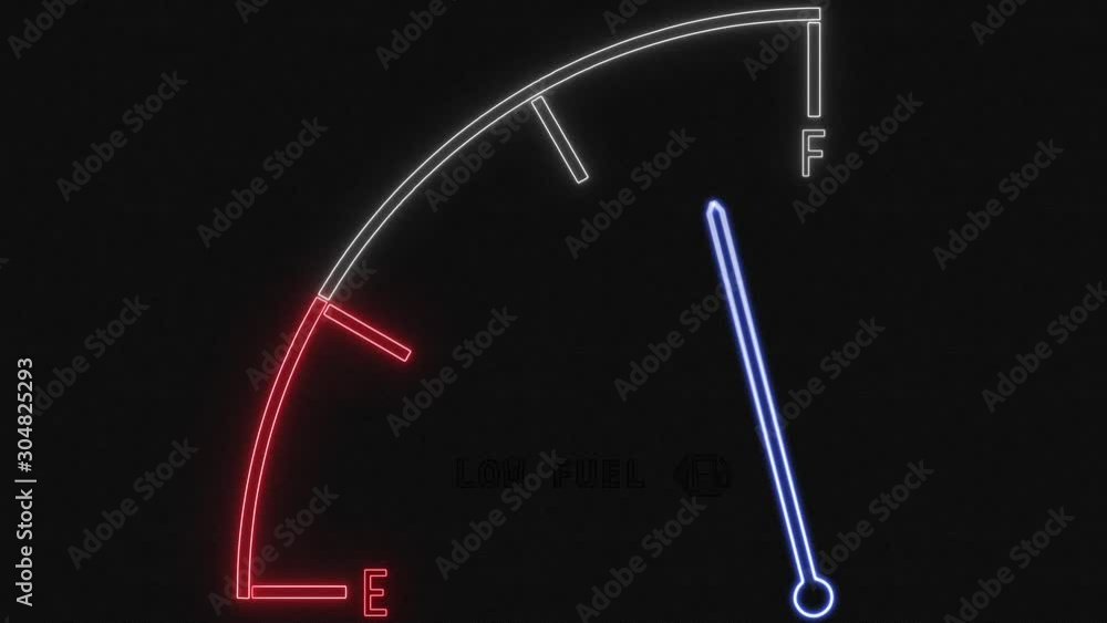 4K render of a digital lit up fuel gauge with a pointing needle going