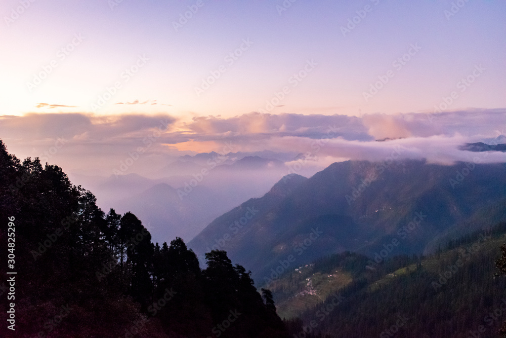 sunset over the Himalayas, Tirthan Valley, Himachal Pradesh