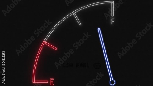 4K render of a digital lit up fuel gauge with a pointing needle going from full to empty and a blinking low fuel 