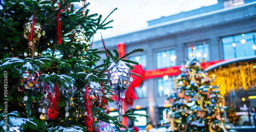 custom made wallpaper toronto digitalDecorated Christmas tree on blurred, sparkling and fairy background.