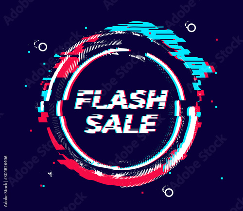 Glitch flash sale banner, distorted circle shape with glitch effect, noise and neon colors. Vector abstract ring template for sale, shopping, advertising, covers and flyers dsign.