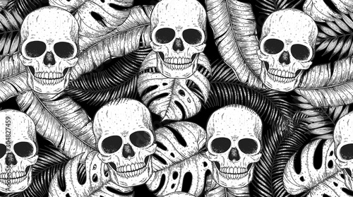 Skull and palm leaves seamless pattern. Hand drawn vector illustration. Fabric design template. Skull background. Tropical vector illustration.