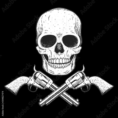 Skull and pistols hand drawn illustration. Tattoo vintage print. Skull hand drawn print. Tattoo design.