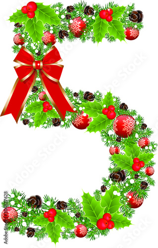 Number 5 with decoration for Christmas design and New Year with spruce tree and holly red berries. Creative alphabet, arabic five number and sign vector. Vector Font for Title, Header, Lettering, Logo