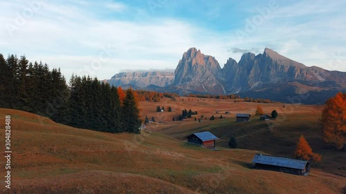 Beautiful landscape with farm house 4k footage in Dolomites Italy photo