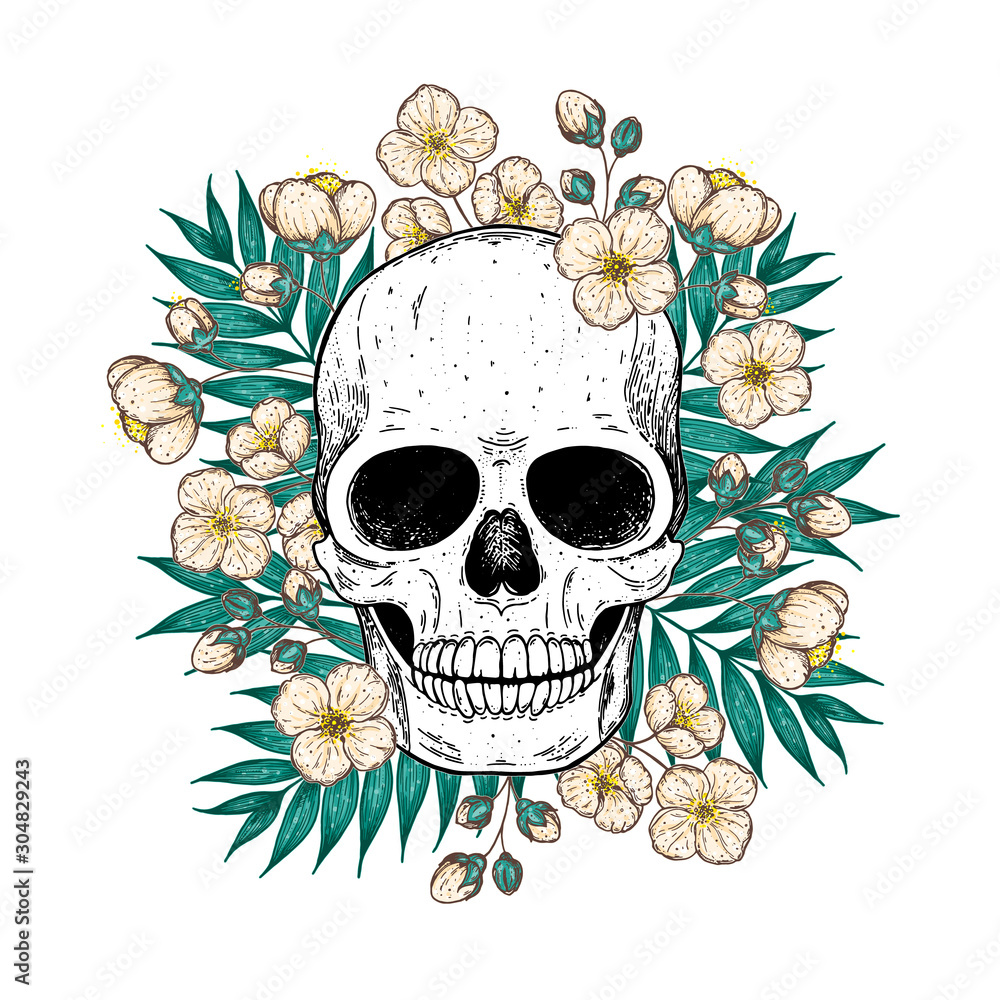 Fototapeta premium Skull and flowers hand drawn illustration. Tattoo vintage print. Floral skull.