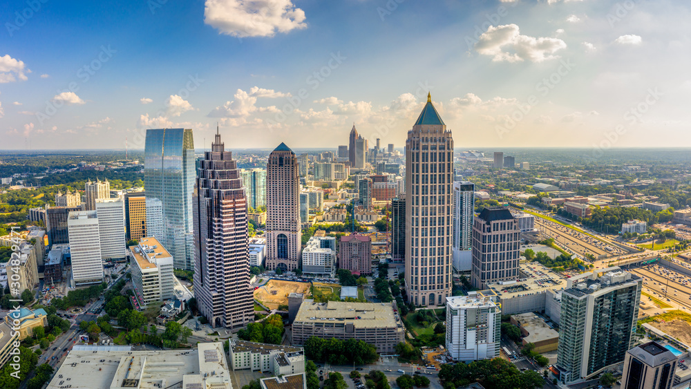 Aerial Panoramic picture of downtown Atlanta Skyline - obrazy, fototapety, plakaty 