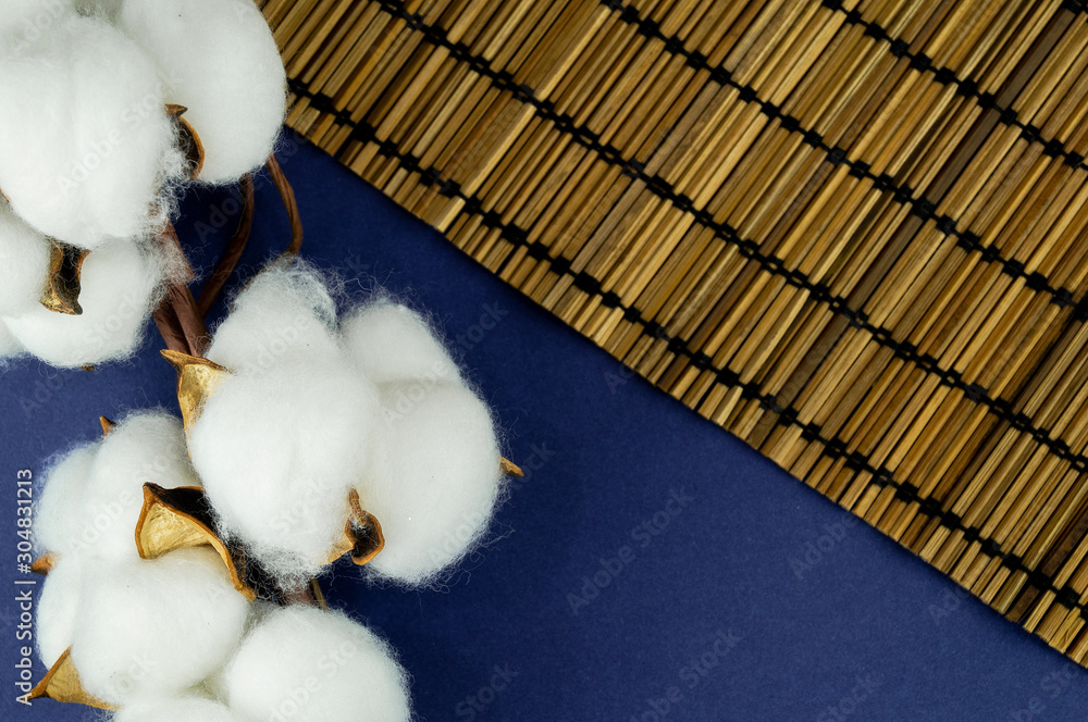 Natural cotton on the table with leaves. Background for your object Natural cotton on the table with leaves. Background for your object