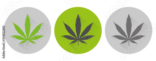 Cannabis leaf Icon Round Symbol Flat Shadow Vector Art Design Color Set.