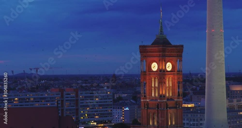 Rotes Rathaus in Berlin Germany. Beautiful landmark in night. Static shot filmed in 4k UHD 2160p