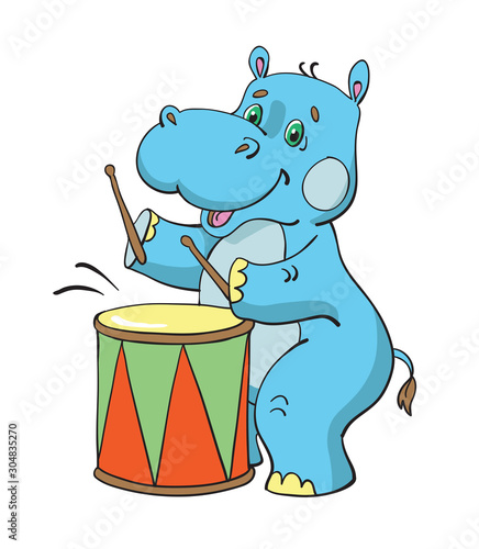Funny Hippo beats in the drum. In cartoon style. Isolated on white background. Vector illustration.
