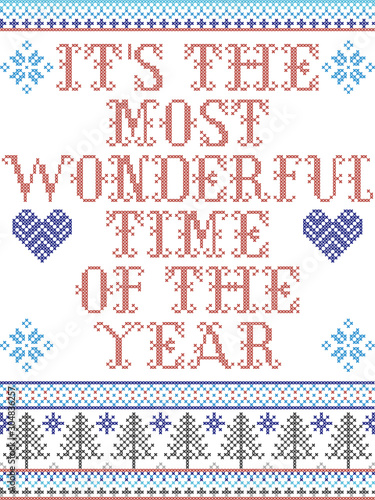 Scandinavian Christmas pattern inspired by It’s the most wonderful time of the year carol festive elements  in cross stitch with heart, snowflake, Christmas tree, star, snowflakes in red, blue, white