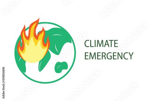 Climate Emergency Declaration petition. Icon planet earth, fires, global warming. Ecological problems, environmental pollution of water, air. Vector flat illustration on a white background.