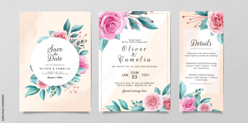 Modern wedding invitation card template set with flowers decoration and  watercolor background. Botanic illustration for background, save the date,  invitation, greeting, menu card Stock Vector | Adobe Stock