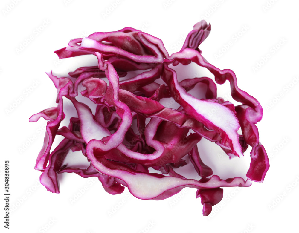 Chopped fresh red cabbage isolated on white, above view Chopped fresh red cabbage isolated on white, above view