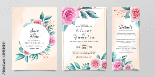 Modern wedding invitation card template set with flowers decoration and watercolor background. Botanic illustration for background, save the date, invitation, greeting, menu card