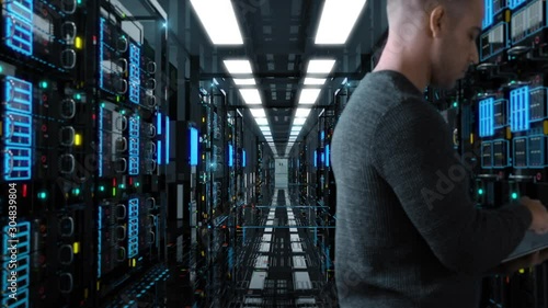 System Administrator Man With A tablet Standing In A Futuristic High Tech Server Room. Camera move forward. IT Technician 3d render concept. Crypto Currency Mining. Bitcoin farm. Prores 10 Bit mov.