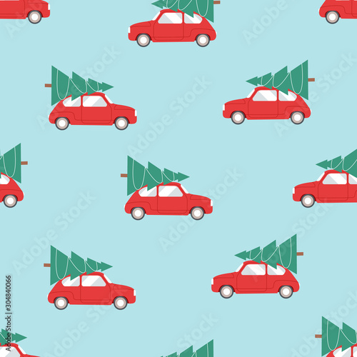 Christmas seamless pattern with red car and Christmas tree on the roof. Vector illustration