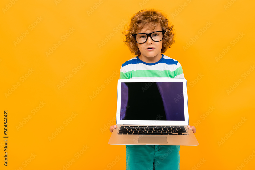 Naklejka premium smart schoolboy with a laptop on a yellow background