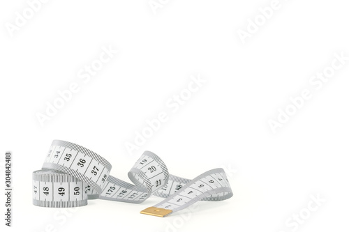Black and white measuring tape rolled up with a curved end with an empty place for text isolated on white background
