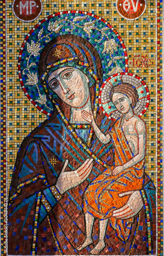 Orthodox mosaic icon of the Virgin (Holy Virgin Mary) on the wall of an Orthodox church in Moscow