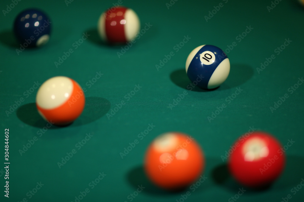 Sports game of billiards on a green cloth. Multi-colored billiard balls with numbers on a pool table. Active leisure and entertainment. Billiards. Billiard balls close up. Sports game of billiards on a green cloth. Multi-colored billiard balls with numbers on a pool table. Active leisure and entertainment. Billiards. Billiard balls close up.