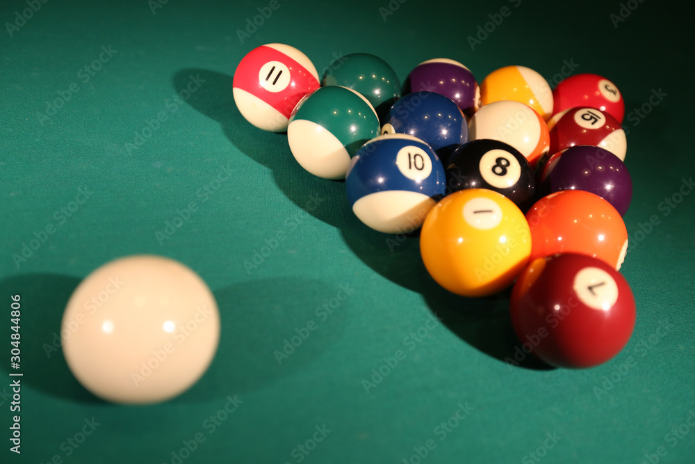Sports game of billiards on a green cloth. Multi-colored billiard balls in the shape of a triangle with numbers, cue and a triangle on a pool table. Billiards and billiard balls close up. Sports game of billiards on a green cloth. Multi-colored billiard balls in the shape of a triangle with numbers, cue and a triangle on a pool table. Billiards and billiard balls close up.