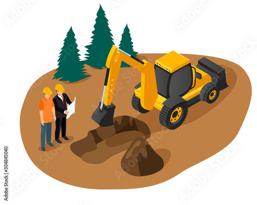 Isometric vector of an excavator digging a foundation pit for a building