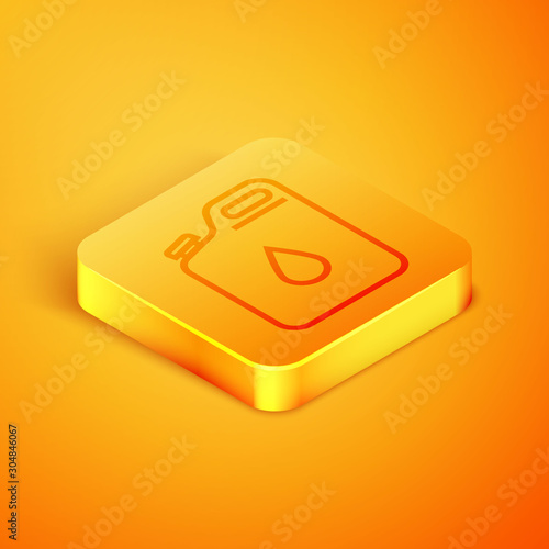 Isometric line Canister for gasoline icon isolated on orange background. Diesel gas icon. Orange square button. Vector Illustration