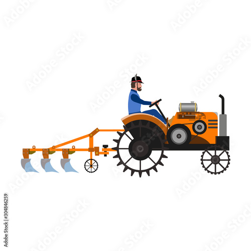 Farmer plow the land with an old tractor.