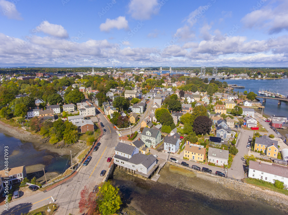 Portsmouth historic city center and Waterfront of Piscataqua River aerial view, New Hampshire, NH, USA.