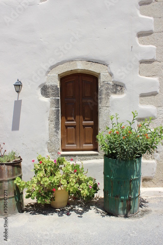Brown door with flowers, Greece, Crete