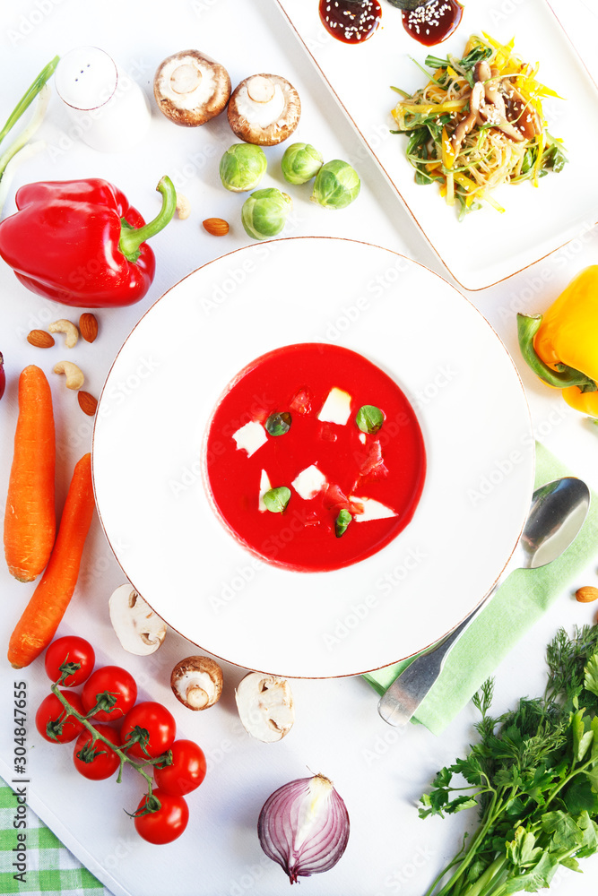 Lenten dish, restaurant serving, composition of a dish on a plate and raw vegetarian cuisine. Top view.