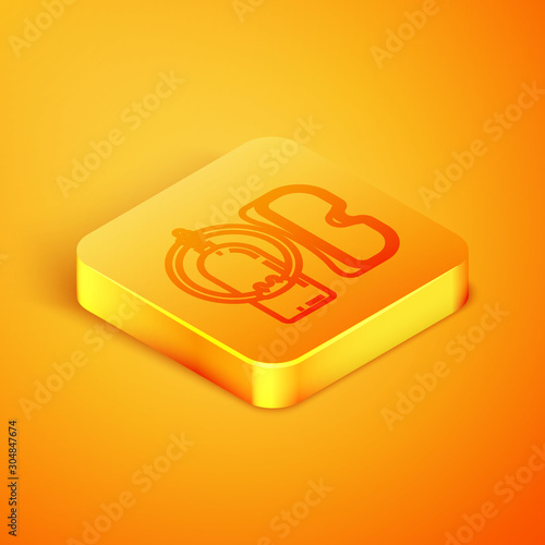 Isometric line Diving mask and aqualung icon isolated on orange background. Oxygen tank for diver. Extreme sport. Sport equipment. Orange square button. Vector Illustration
