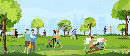 Landscape Spring time with people spending time together in the park, girl reading a book,lesbian talking,gay couple holding baby,two lgbt woman walking with baby and lgbt couple sitting on grass