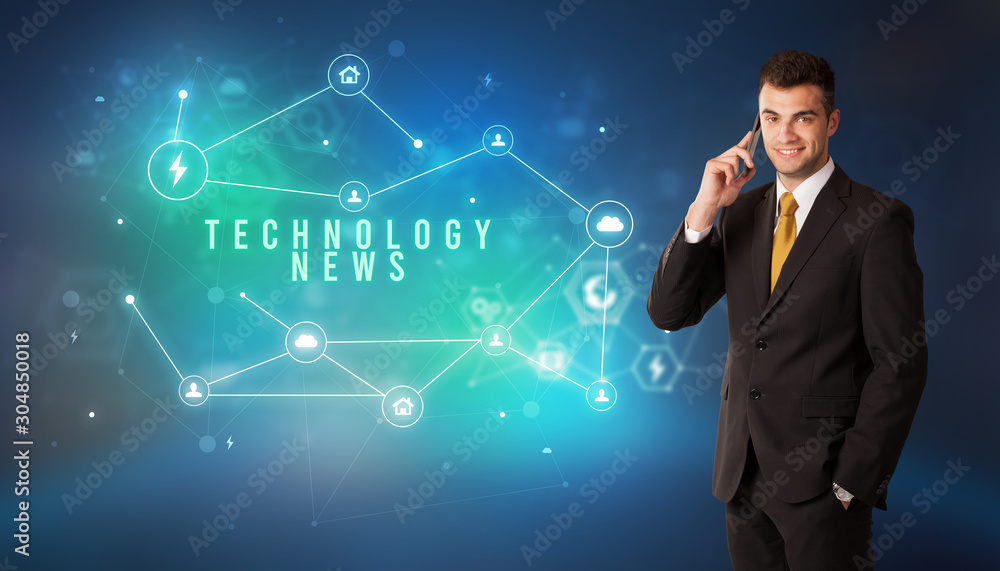 Businessman in front of cloud service icons with TECHNOLOGY NEWS inscription, modern technology concept Businessman in front of cloud service icons with TECHNOLOGY NEWS inscription, modern technology concept