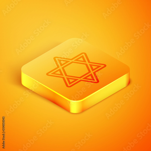 Isometric line Star of David icon isolated on orange background. Jewish religion symbol. Symbol of Israel. Orange square button. Vector Illustration