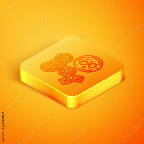 Isometric line Casino chips, game dice and glass of whiskey with ice cubes icon isolated on orange background. Casino poker. Orange square button. Vector Illustration