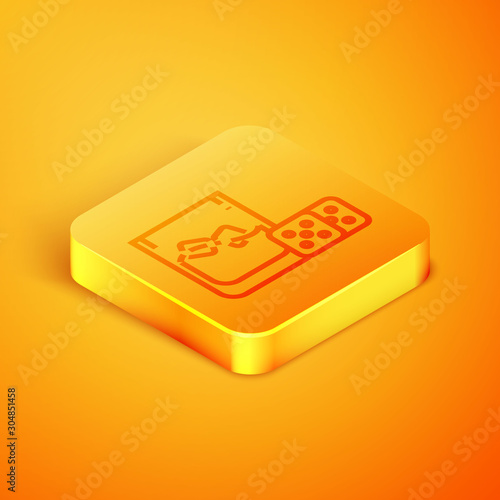 Isometric line Game dice and glass of whiskey with ice cubes icon isolated on orange background. Casino gambling. Orange square button. Vector Illustration