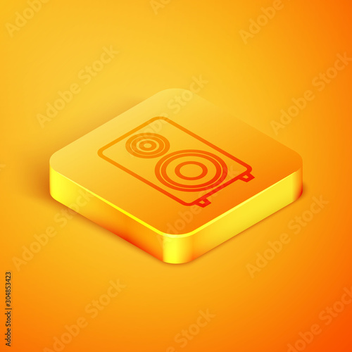 Isometric line Stereo speaker icon isolated on orange background. Sound system speakers. Music icon. Musical column speaker bass equipment. Orange square button. Vector Illustration