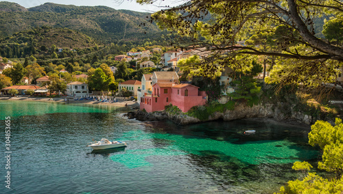 Beautiful landscape with bay and colorful buildings on the background in the town of Asos , Greece, Kefalonia. Wonderful exciting places. Panorama. Amazing Greece - picturesque colorful village