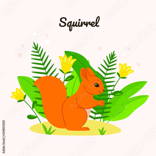 Cartoon squirrel on grass, cute character for children. Vector illustration in cartoon style for prints, clothing and postcards.